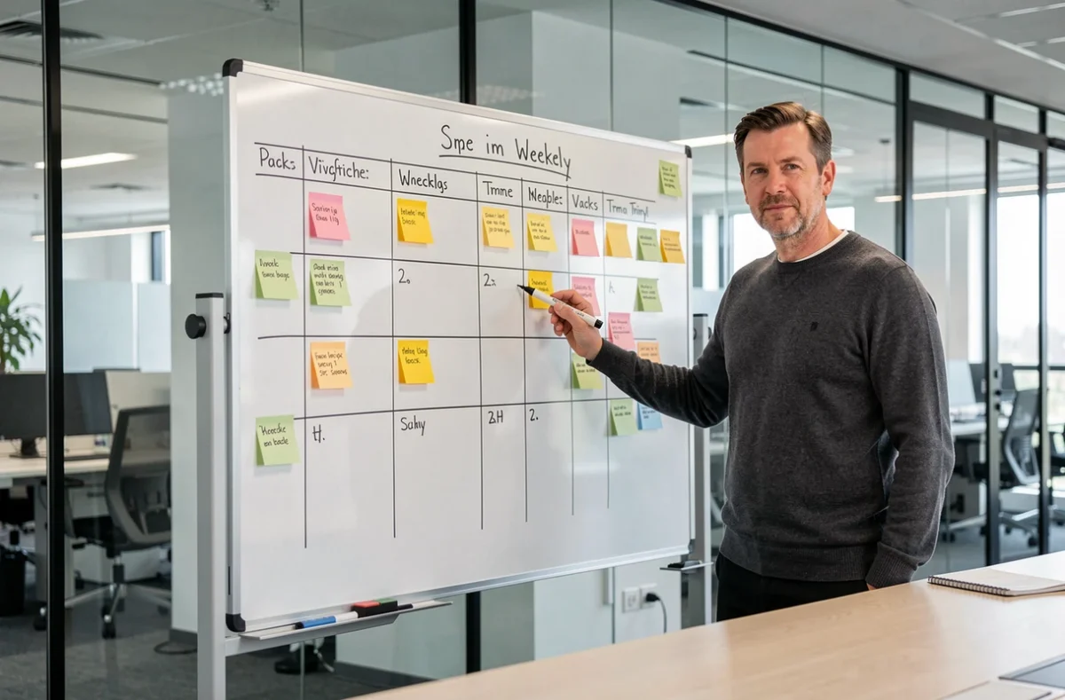 Manager planifiant sa semaine sur un tableau blanc avec un planning détaillé dans une salle de réunion d'entreprise