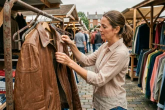 Femme examinant une veste en cuir vintage sur un marché aux puces, illustrant l'achat de vêtements de seconde main