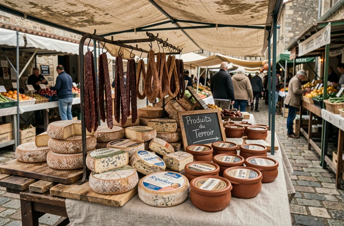 Étal de marché provençal présentant des fromages, charcuteries et produits du terroir français dans une ambiance rustique