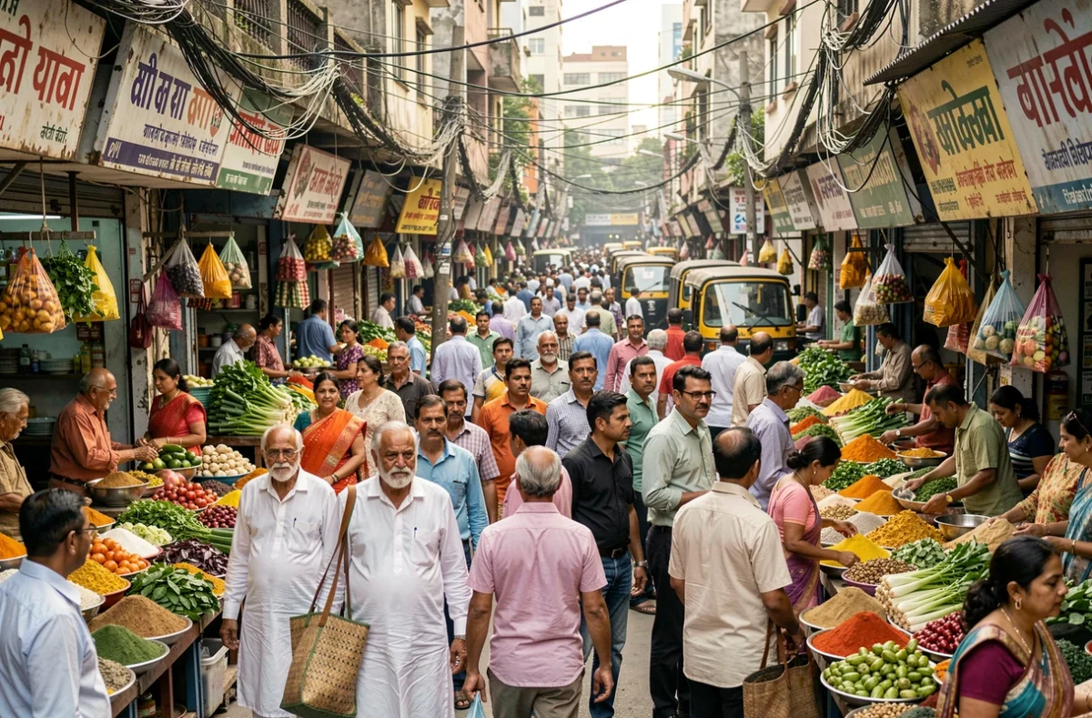Marché de rue animé à Delhi reflétant la densité et la diversité de la population indienne en milieu urbain