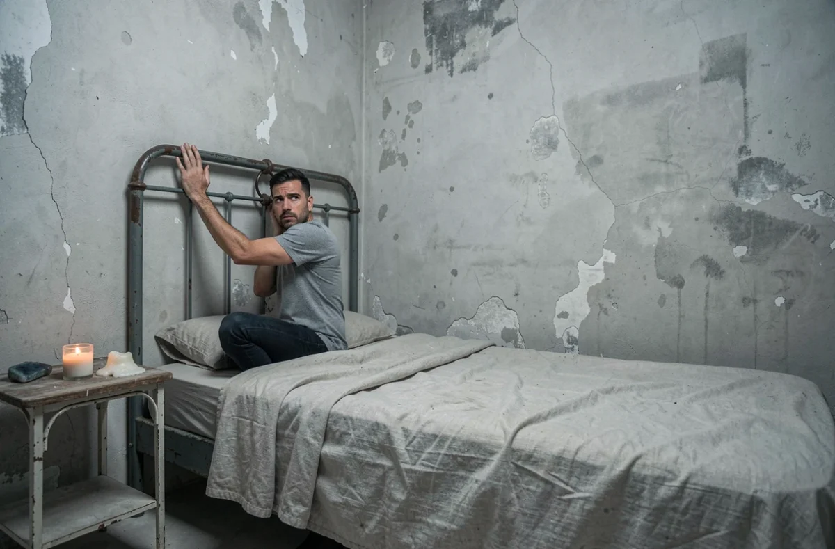 Homme inspectant un coin de chambre pour identifier la presence de mauvaises ondes et energies negatives dans la maison