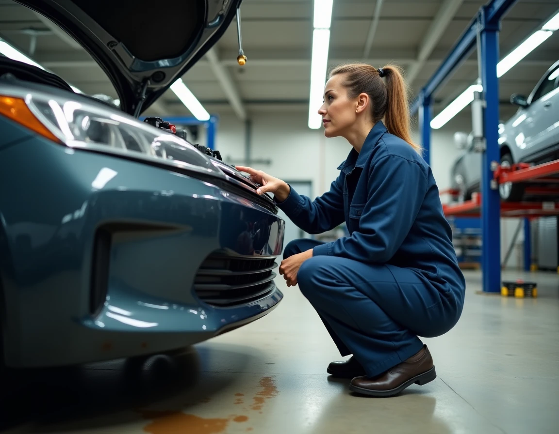 Mécanicienne inspectant le moteur d'une voiture hybride dans un atelier de réparation automobile