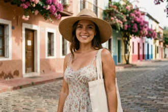 Femme en robe fleurie dans une rue coloniale colorée du Mexique lors de la meilleure période pour voyager