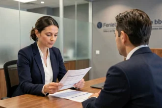 Femme cliente discutant avec un conseiller bancaire dans une agence moderne en France