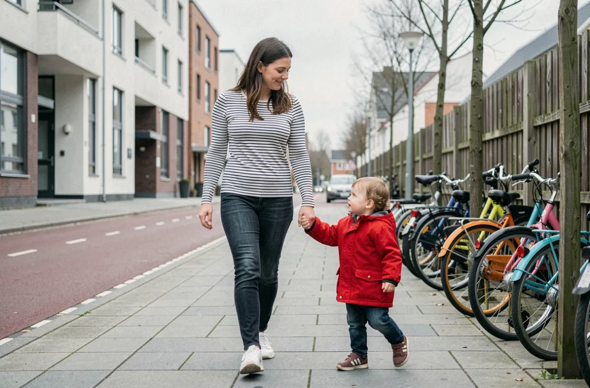 Mère et enfant en bas âge se promenant dans une rue urbaine propre et sécurisée d'une ville européenne, symbole d'un cadre de vie idéal pour les familles