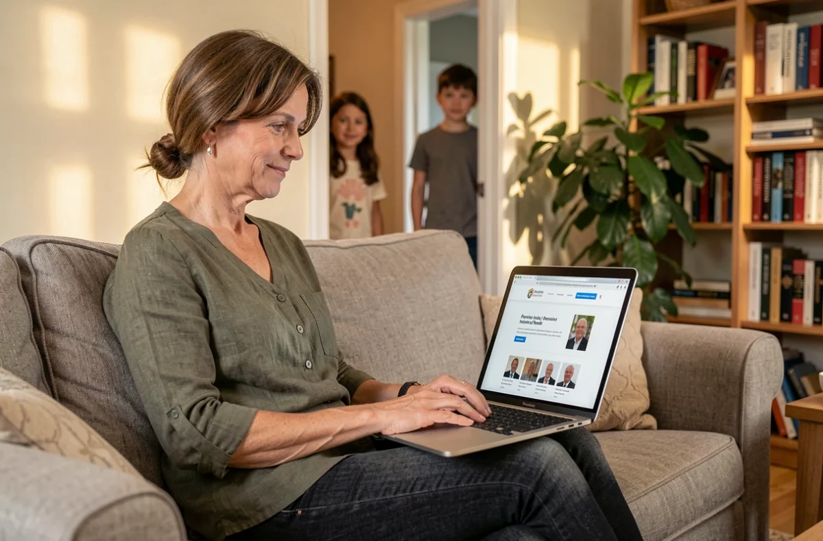Mère de famille consultant en ligne le site de l'Assurance retraite pour vérifier les trimestres liés à ses enfants
