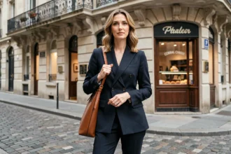 Femme élégante en blazer Chanel dans une rue parisienne haussmannienne, illustrant la mode française