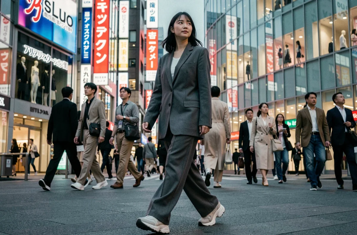 Jeune femme stylée dans le quartier de Shibuya à Tokyo portant un blazer structuré, reflet de la mode japonaise contemporaine