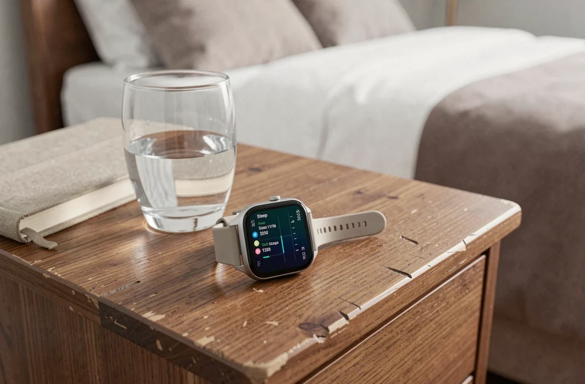 Montre connectée affichant des données de suivi du sommeil sur une table de nuit en bois, outil pour analyser la qualité du sommeil profond