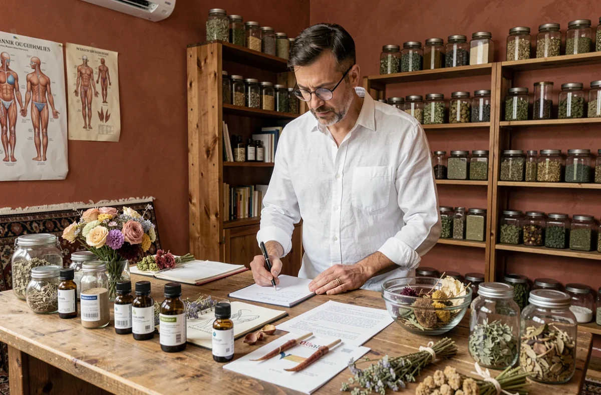 Naturopathe examinant des remèdes naturels dans un cabinet holistique, approche globale de la santé naturelle