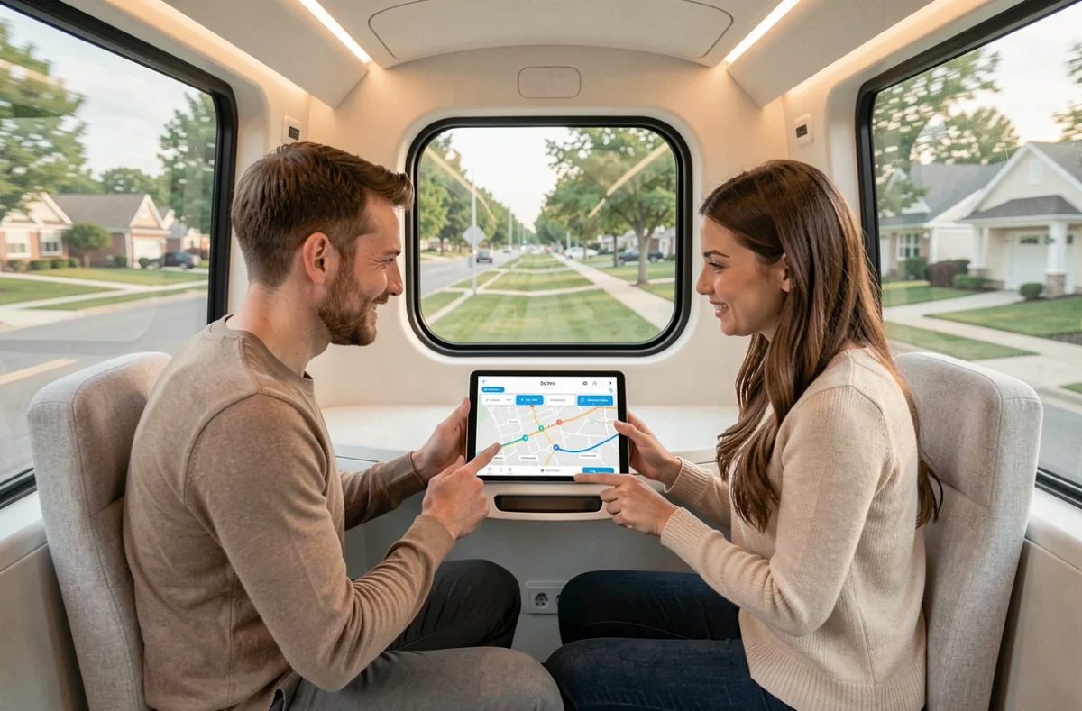 Deux collègues consultant une application de mobilité dans une navette autonome électrique en 2026