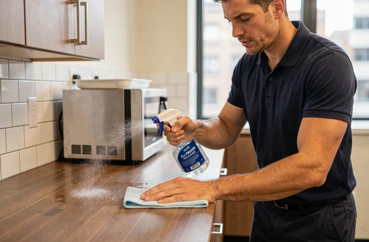 Agent d'entretien masculin réalisant un nettoyage classique d'un plan de travail en cuisine avec un chiffon microfibre et un spray nettoyant