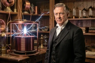 Scientifique en costume victorien debout près d'une bobine de Tesla dans un laboratoire historique rempli d'appareils électriques anciens
