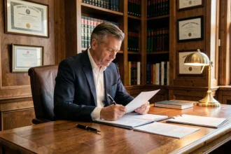 Notaire en costume sombre assis à son bureau en chêne avec des documents officiels et un stylo plume dans son étude