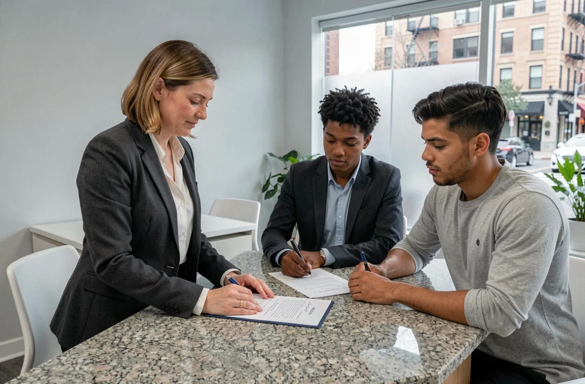 Notaire femme aidant un couple à signer un contrat de vente immobilière dans un bureau moderne