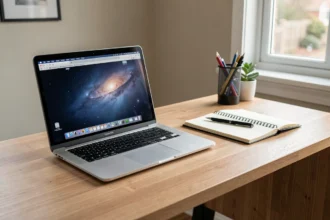 Ordinateur portable professionnel posé sur un bureau de télétravail