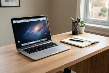Ordinateur portable professionnel posé sur un bureau de télétravail