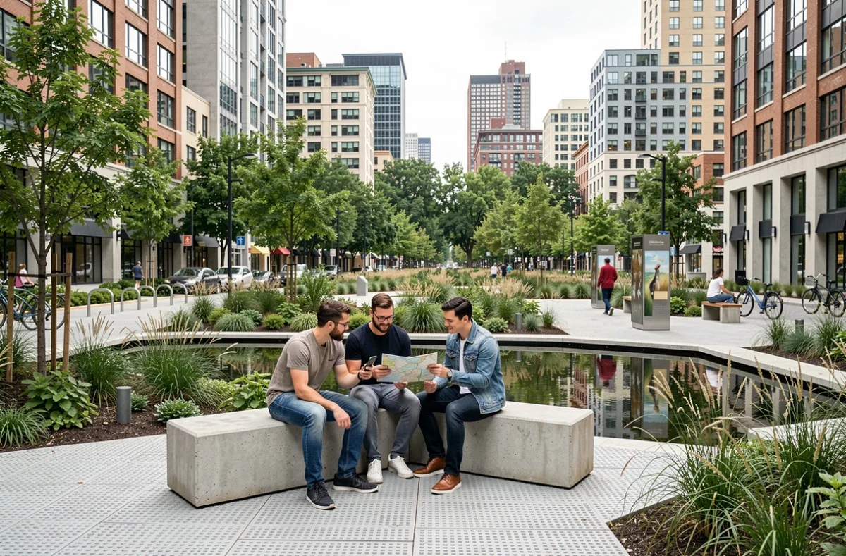 Groupe d'adultes dans un parc urbain contemporain intégré à un quartier dense avec végétation native et skyline visible