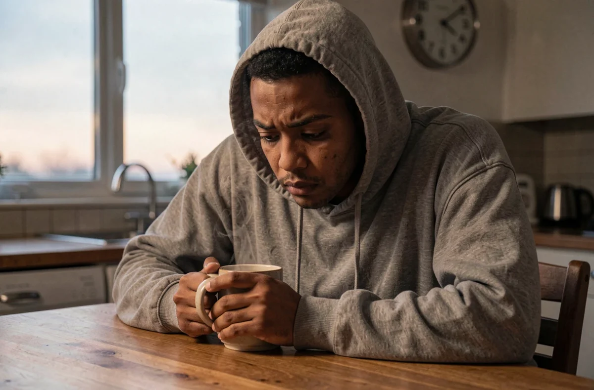 Personne épuisée buvant un café le matin après une nuit de sommeil de seulement quelques heures