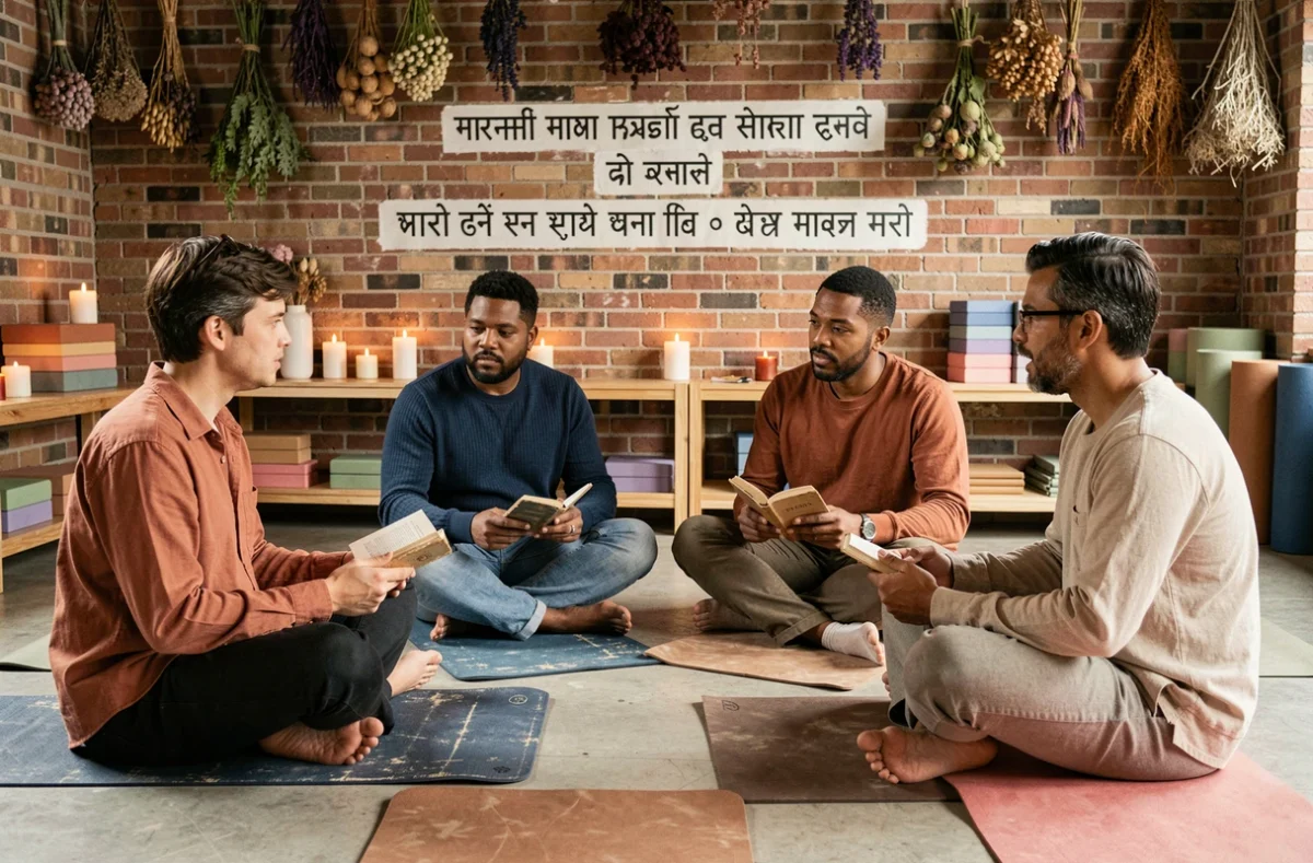 Groupe d'adultes en cercle sur des tapis de yoga dans un espace communautaire en brique, étudiant ensemble les textes philosophiques du yoga comme les Yoga Sutras de Patanjali