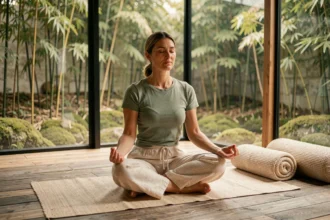 Femme pratiquant la méditation en posture de lotus sur un tapis de yoga naturel dans un studio minimaliste en bois, illustrant la philosophie intérieure du yoga