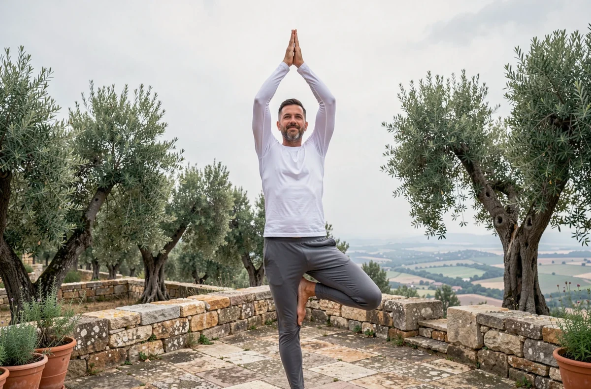Homme en posture de l'arbre Vrikshasana sur une terrasse en pierre entourée d'oliviers, représentant l'équilibre et la connexion à la nature dans la philosophie du yoga