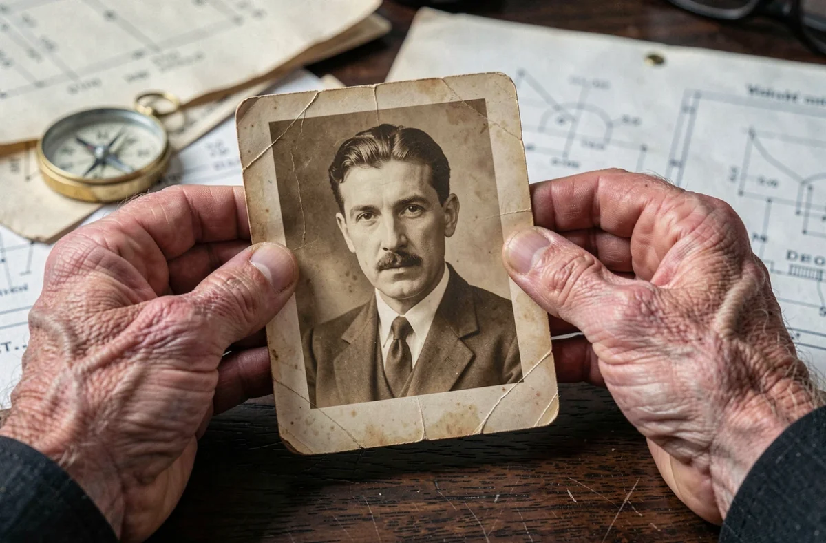 Mains tenant une photographie ancienne de Nikola Tesla posée sur des plans d'ingénierie vintage et une boussole en laiton