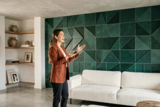 Designer d'intérieur présentant une pièce tendance 2026 avec mur en carreaux vert émeraude et décoration sculpturale contemporaine