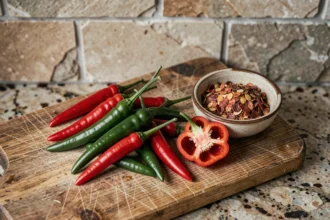 Piments rouges et verts frais sur une planche en bois rustique avec des graines et des flocons de piment séchés, illustrant les effets du piment sur l'estomac