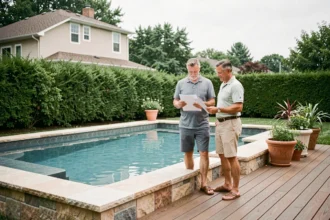Couple devant une piscine béton creusée avec margelles en pierre naturelle et terrasse en bois dans un jardin pavillonnaire