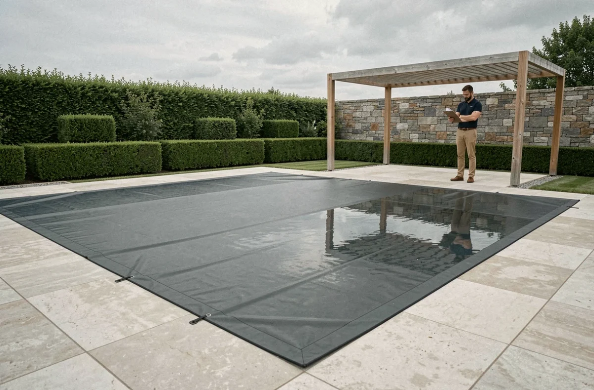 Vue d'ensemble d'une piscine miroir entièrement couverte dans un jardin contemporain avec propriétaire en arrière-plan