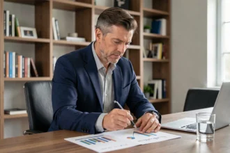 Homme en blazer navy analysant des graphiques financiers dans un bureau moderne pour placer son argent en 2026