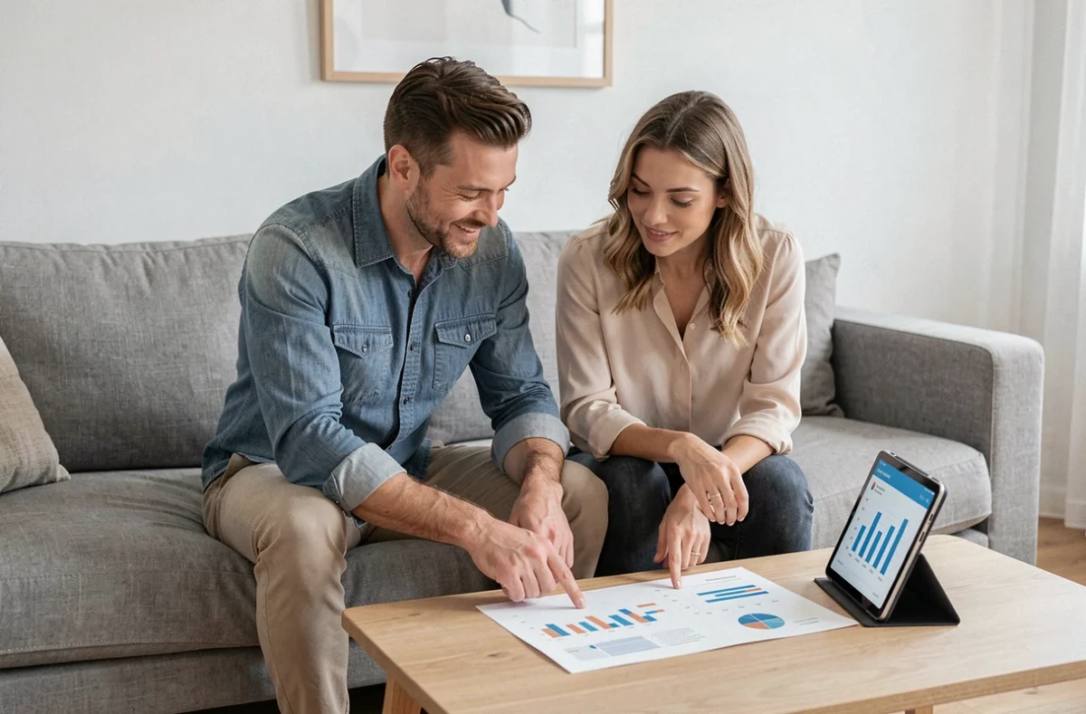 Couple examinant ensemble un plan d'investissement financier sur une table basse dans un salon scandinave moderne