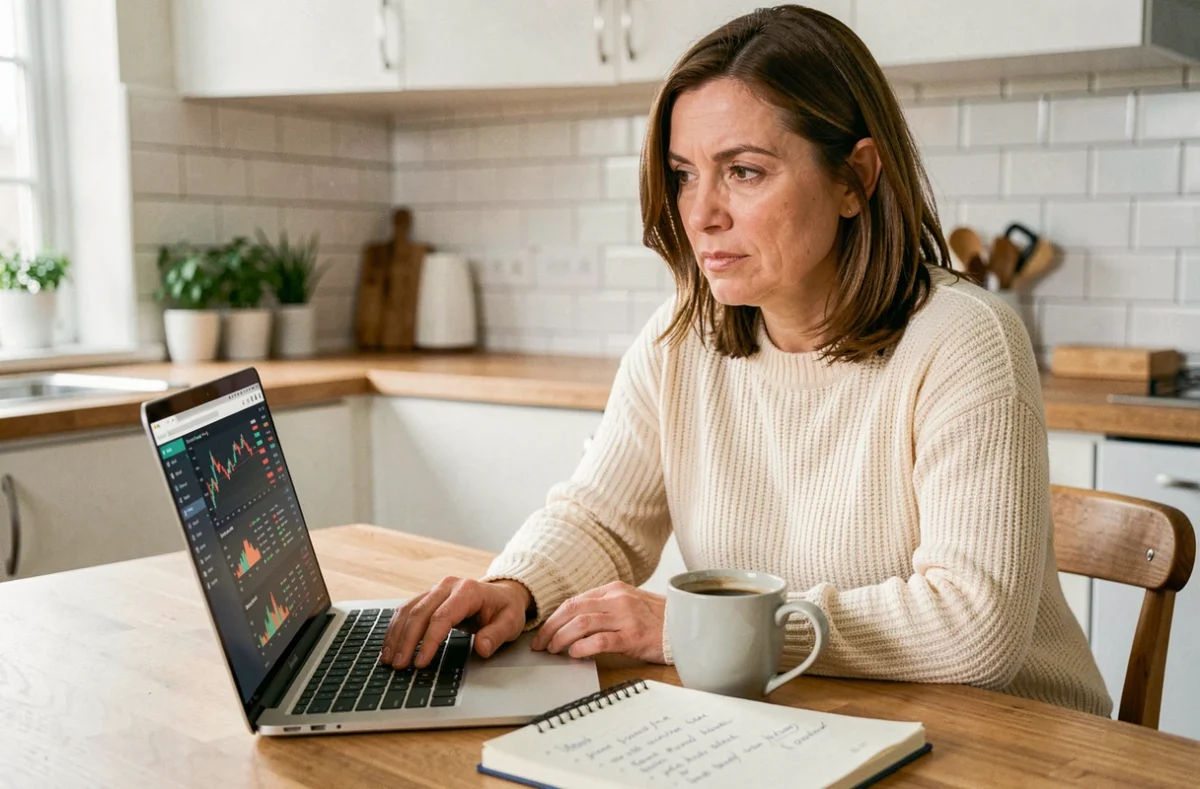 Femme en pull crème consultant un site d'investissement sur son ordinateur portable dans une cuisine moderne