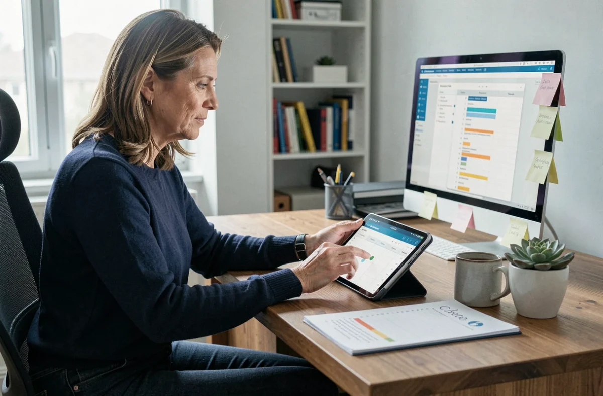 Femme organisant un planning numérique de tâches ménagères sur une tablette depuis son bureau à domicile