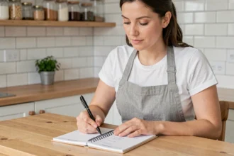 Femme écrivant un planning de tâches ménagères dans un carnet posé sur une table en bois de cuisine