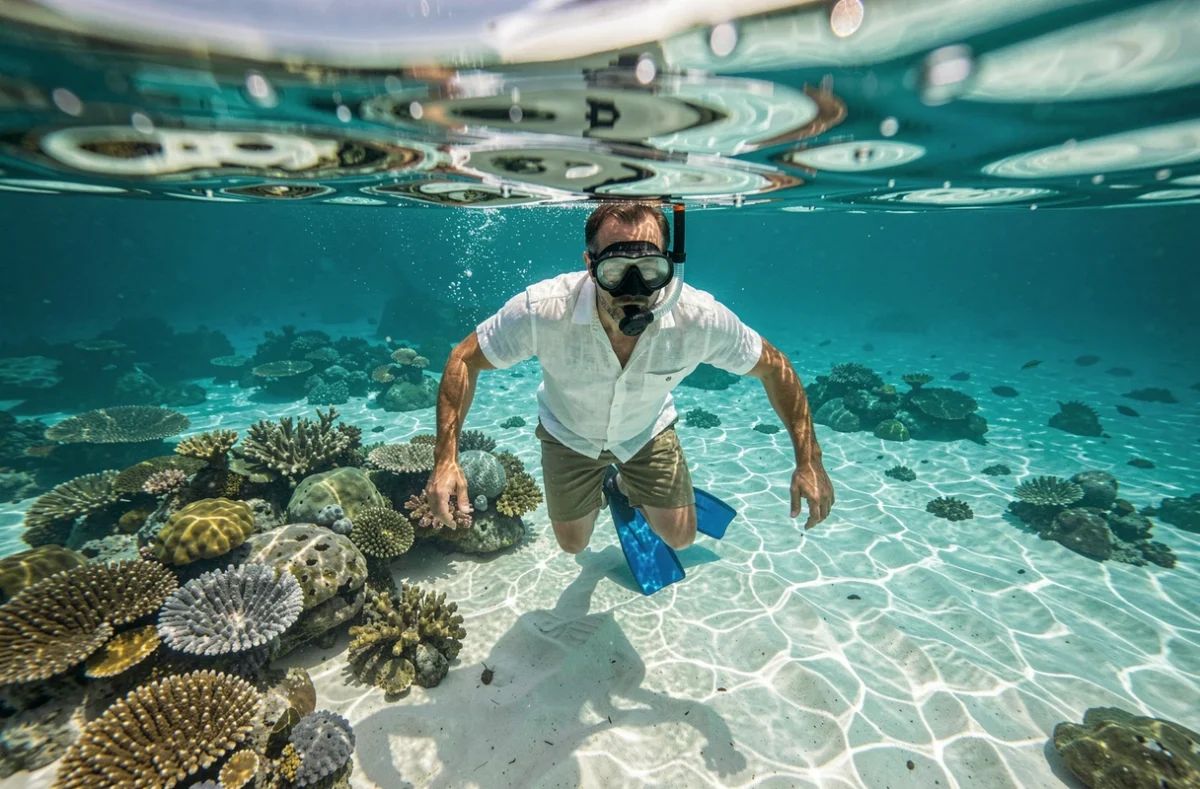Homme faisant de la plongée en apnée dans les eaux turquoise du Mexique caribéen à la meilleure saison