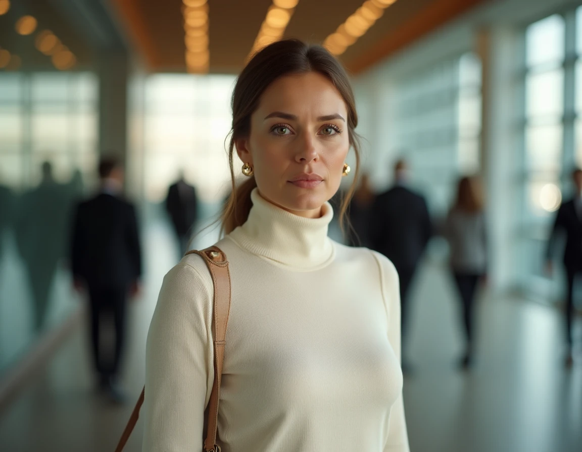 Portrait éditorial d'une femme leader traversant un espace de travail moderne avec assurance