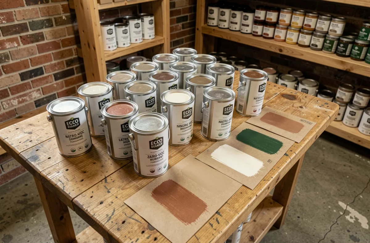 Assortiment de pots de peinture écologique zéro COV avec échantillons de couleurs naturelles sur établi en chêne