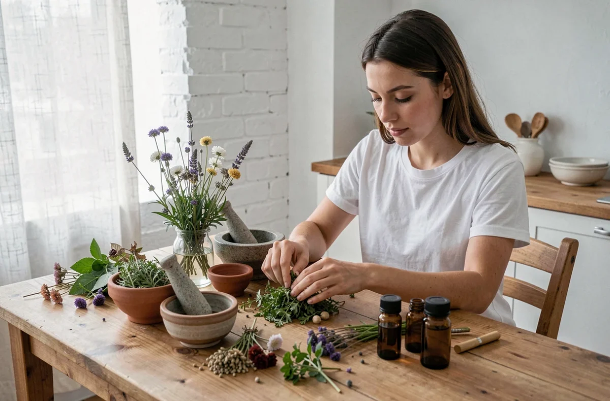 Femme préparant une infusion de plantes médicinales dans une cuisine naturelle, illustration de la phytothérapie