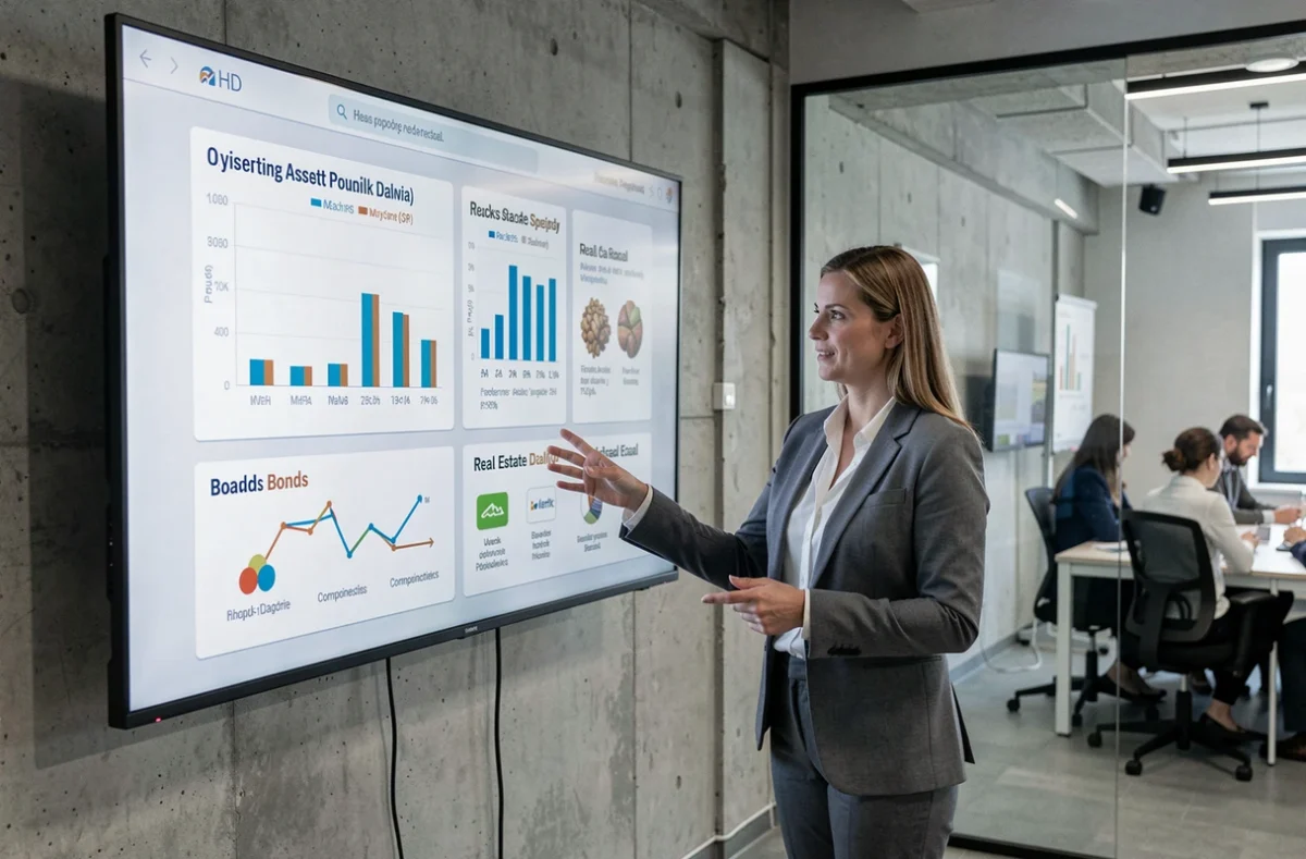 Femme présentant une répartition d'actifs financiers diversifiés sur écran tactile