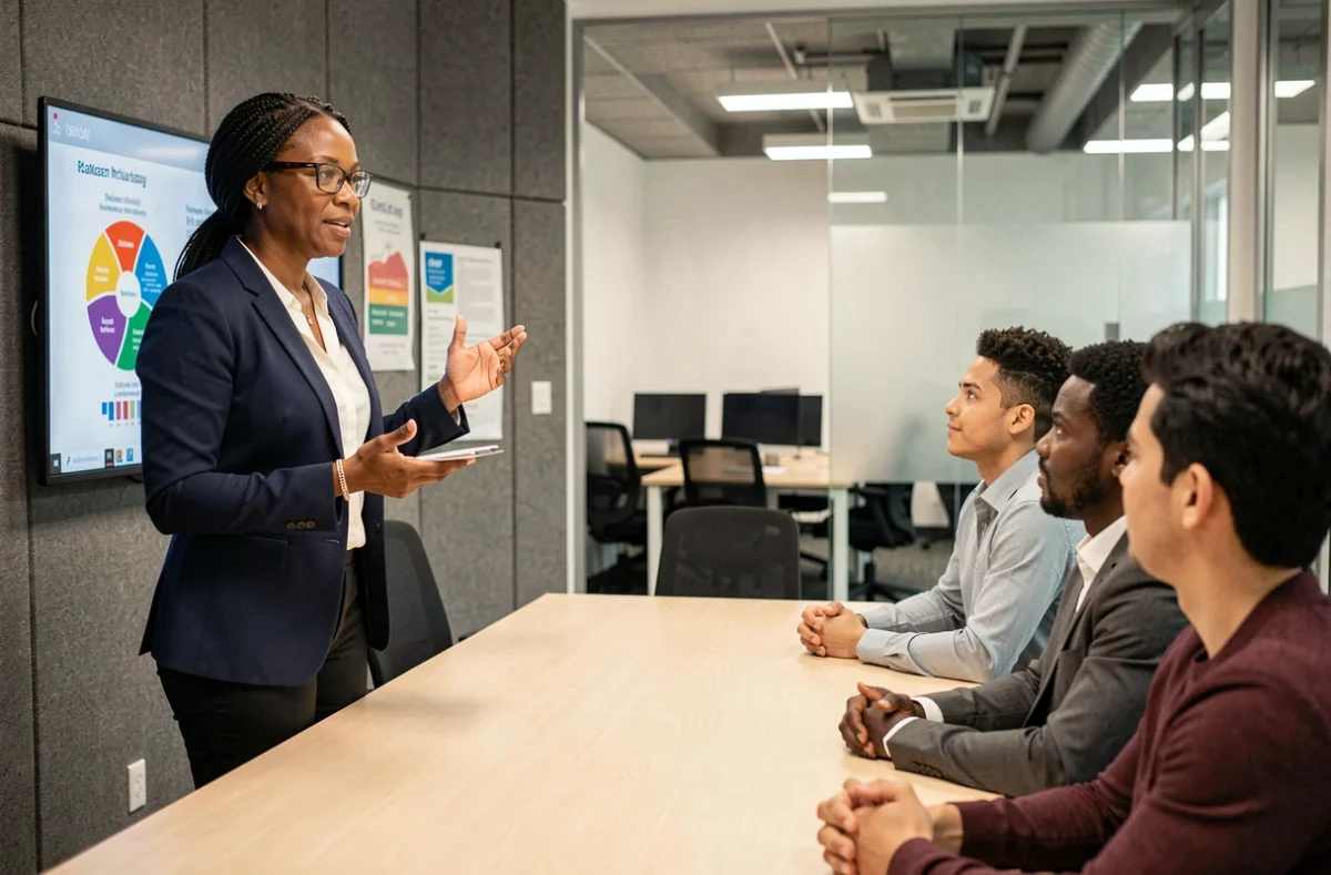 Femme cadre présentant une initiative d'inclusion en entreprise lors d'une réunion d'équipe multiculturelle