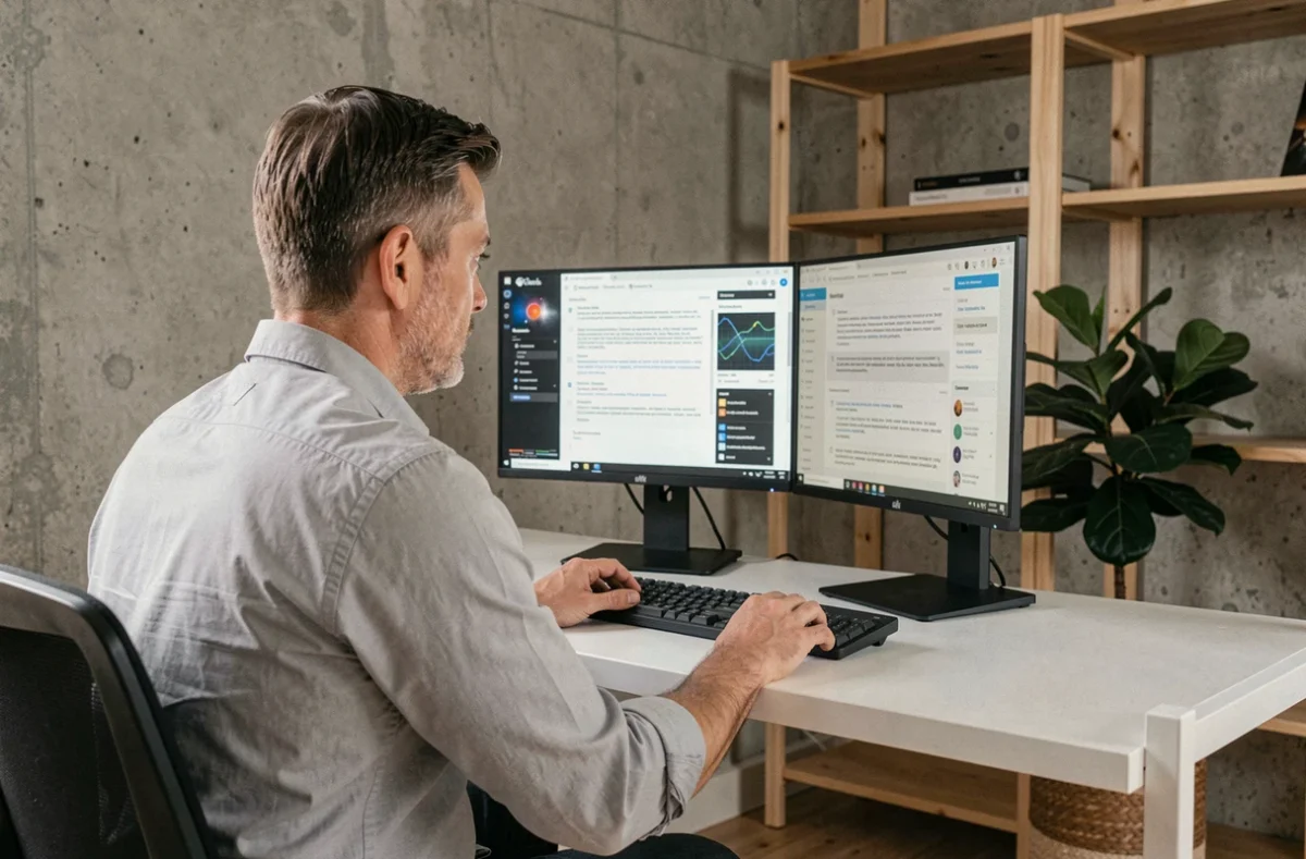 Professionnel RH examinant un texte rédigé par intelligence artificielle sur double écran