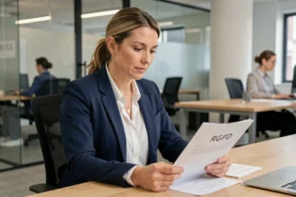Professionnelle en entreprise analysant un document RGPD sur son bureau dans un open space moderne