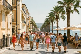 Promenade touristique animée sur la Côte d'Azur en été avec foule de vacanciers et mer Méditerranée en arrière-plan