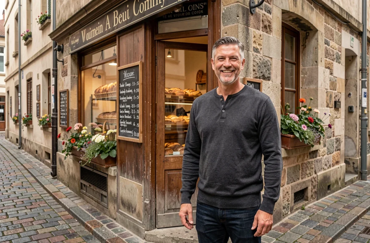 Propriétaire d'une petite boulangerie artisanale devant sa boutique dans une rue commerçante