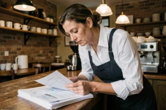 Propriétaire de café étudiant les documents administratifs nécessaires pour l'ouverture de son établissement
