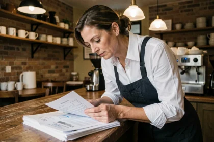 Propriétaire de café étudiant les documents administratifs nécessaires pour l'ouverture de son établissement