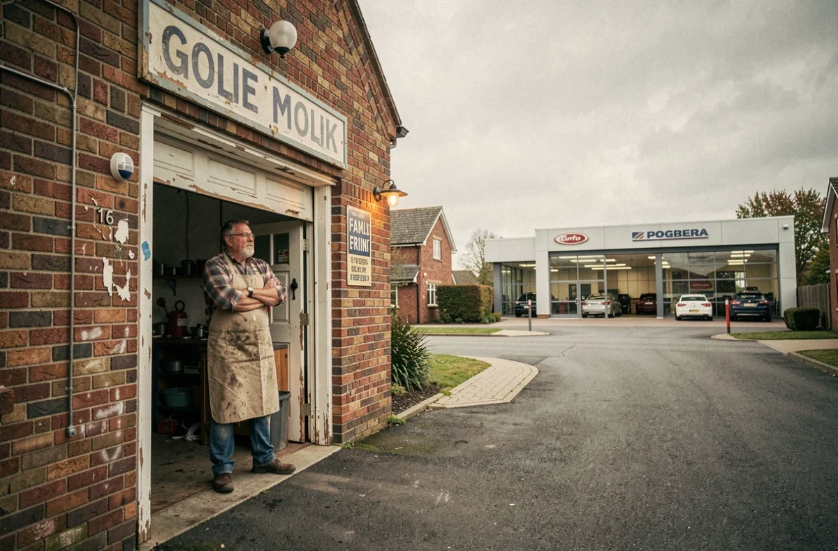 Propriétaire d'un petit garage familial devant son atelier face à la concurrence des grandes enseignes automobiles, symbolisant les défis du secteur