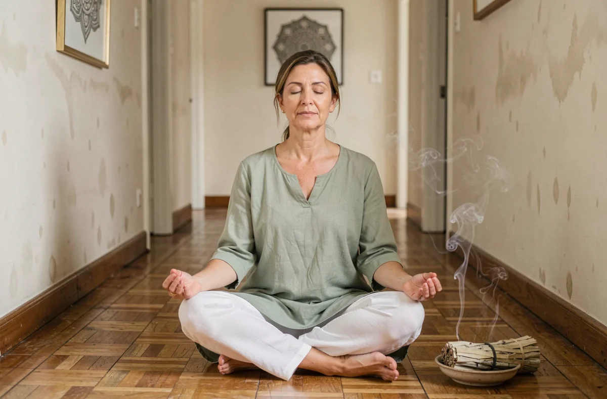 Femme en meditation dans un couloir avec de la sauge pour purifier les mauvaises ondes et energies negatives de la maison